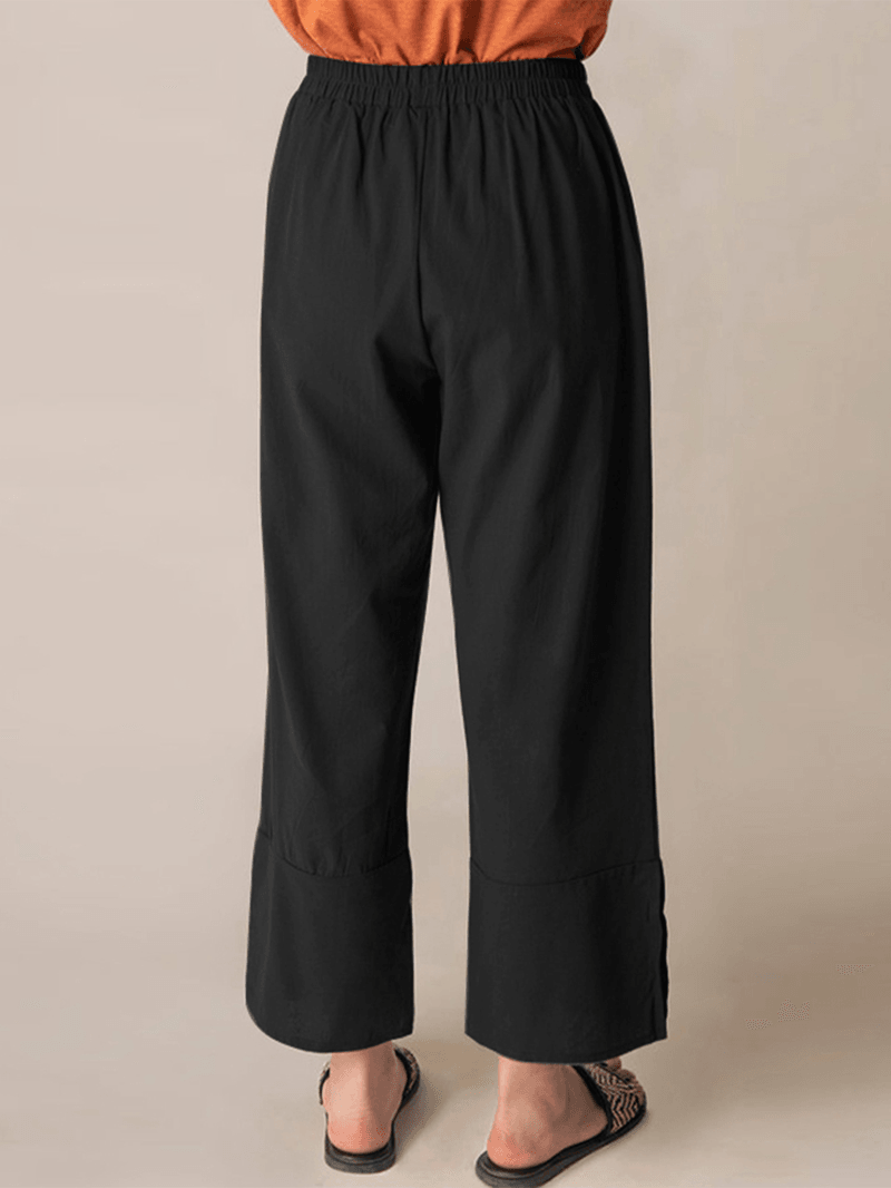 Casual Fork Elastic Waist Ninth Fork Solid Loose Fit Pants for Women - MRSLM