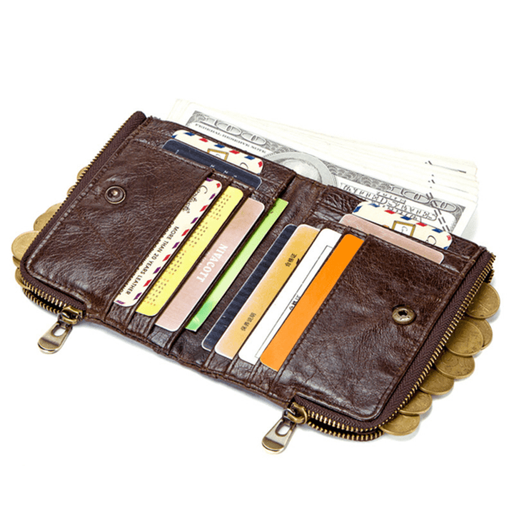 RFID Genuine Leather Casual 10 Card Slot Multifunction Wallet Double Zipper Men Coin Bag - MRSLM