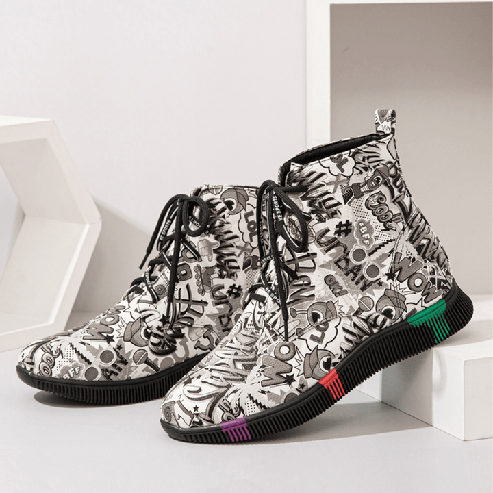 Women Casual Letter Graffiti Printing Multicolor Lace up Short Combat Boots - MRSLM