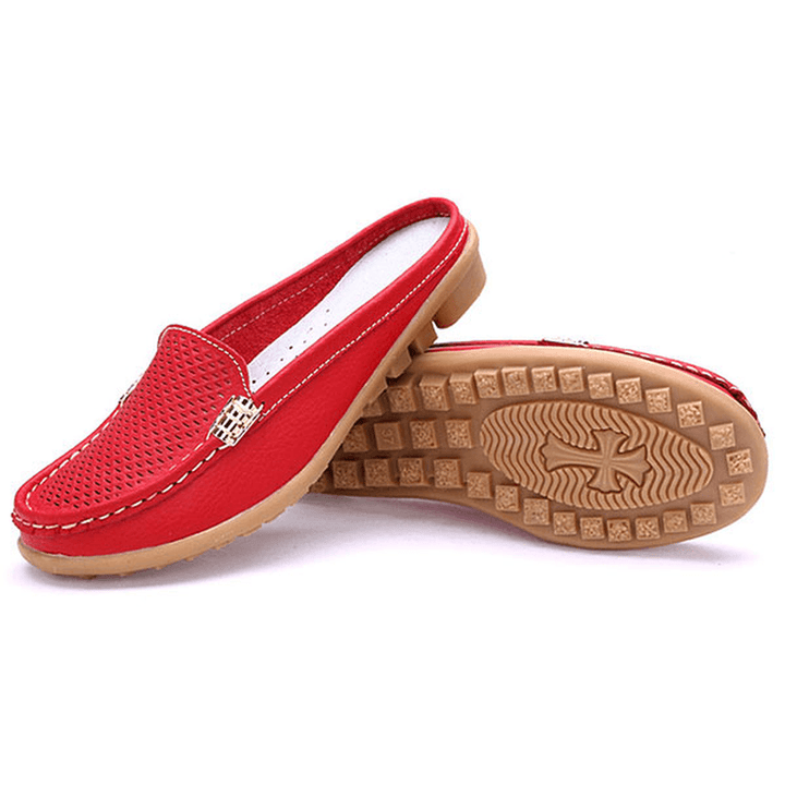 US Size 5-10 New Women Casual Fashion Breathable round Toe Slip-On Leather Flat Sandals Shoes - MRSLM