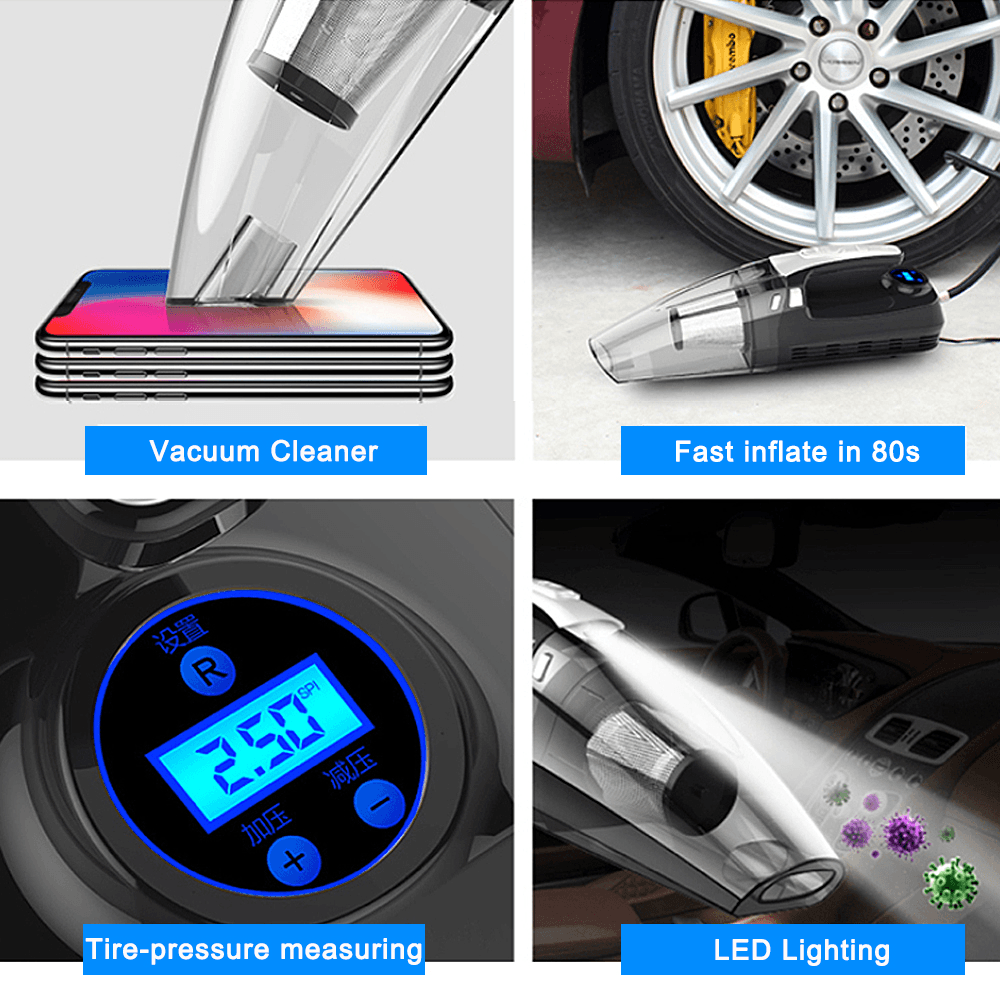AUGIENB 4 in 1 Handheld Vacuum Cleaner 120W Car/Home with Smart Digital & Tire Inflate - MRSLM