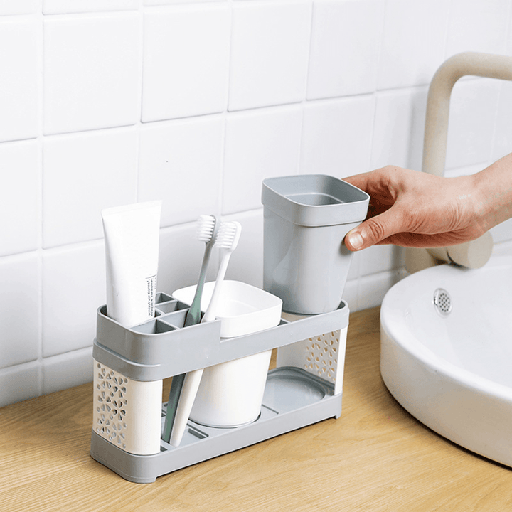 Toothbrush Holder Stand Plastic Cup Set Shelf Bathroom Toothpaste Storage Rack - MRSLM