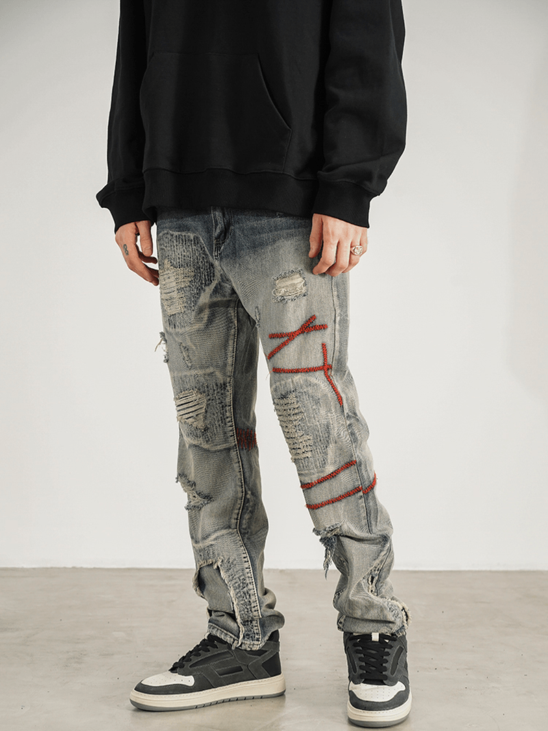 Patched Red Line Straight-Leg Jeans - MRSLM