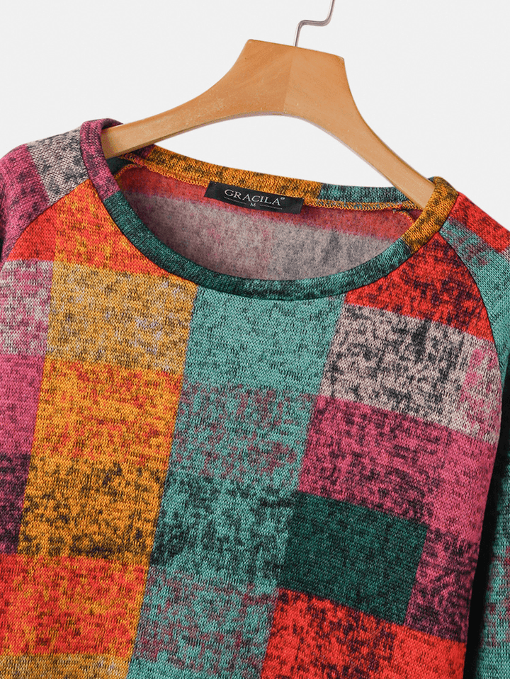 Women Color Block round Neck Raglan Sleeve Vintage Casual Sweatshirts - MRSLM
