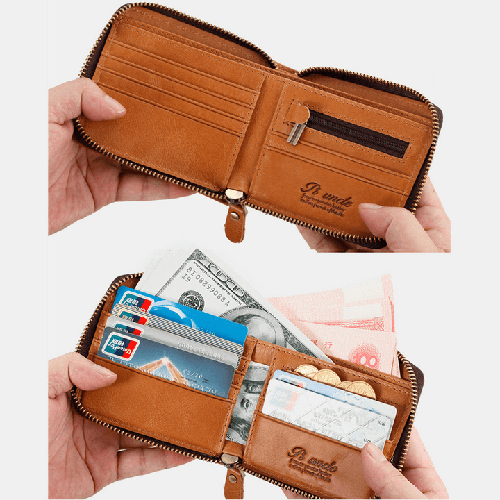 Men Genuine Leather Multifunction Anti-Theft Swipe Card Coin Purse RFID Blocking Bifold Zipper Hasp Wallets Multi-Card Slot Card Holder - MRSLM