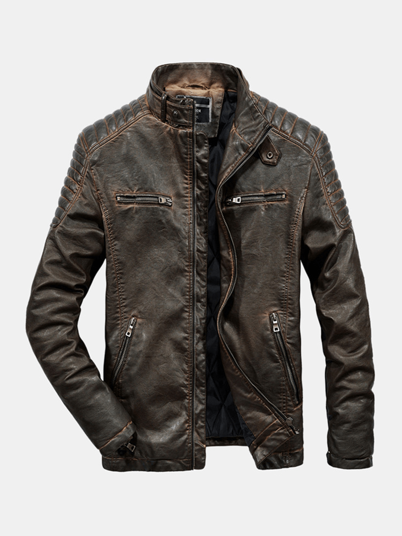Mens Vintage Washed PU Leather Stand Collar Pocket Long Sleeve Jacket - MRSLM