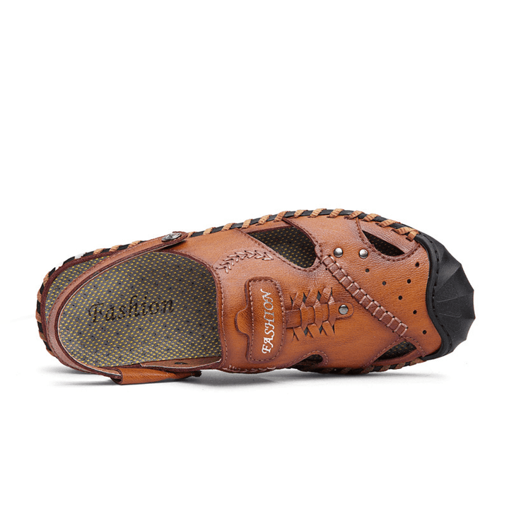 Men Casual Genuine Leather Hand Stitching Soles Sandals - MRSLM