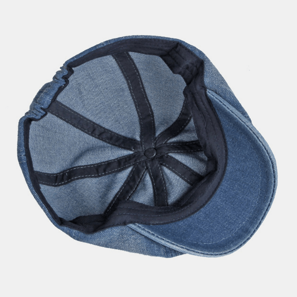 Men Washed Denim Back Elastic Band Design Adjustable Octagonal Hat British Retro Short Brim Newsboy Hat Flat Hat Painter Hat - MRSLM