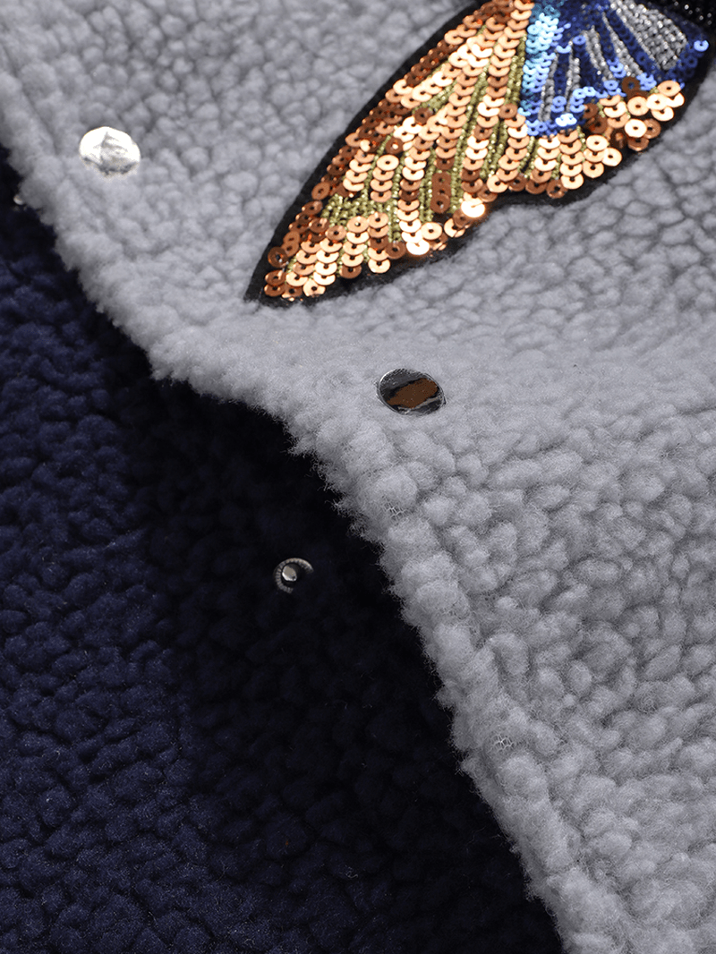 Mens Butterfly Sequins Applique Patchwork Pocket Baseball Collar Teddy Jacket - MRSLM