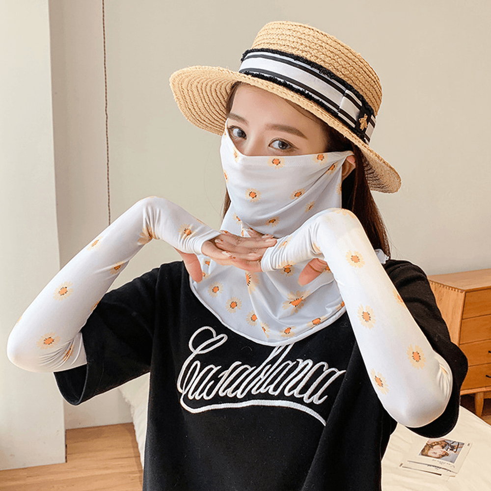 Women Sunscreen Summer Outdoor Ice Silk Hand Sleeve Arm Guard Sleeve Breathable Cover Face Veil Mask - MRSLM