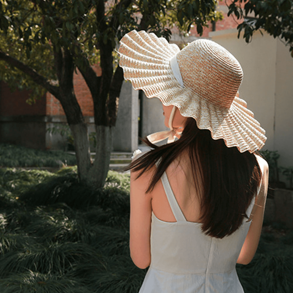 Women Wild Brim Visor Wave Side Soft Lace Tie Sun Hat Casual Stylish round Top Shell Pattern Straw Hat - MRSLM
