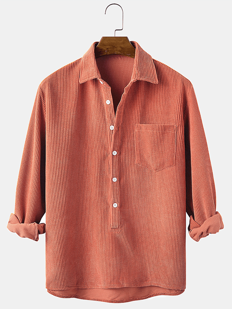Corduroy Solid Henley Collar Chest Pocket Long Sleeve Shirts - MRSLM
