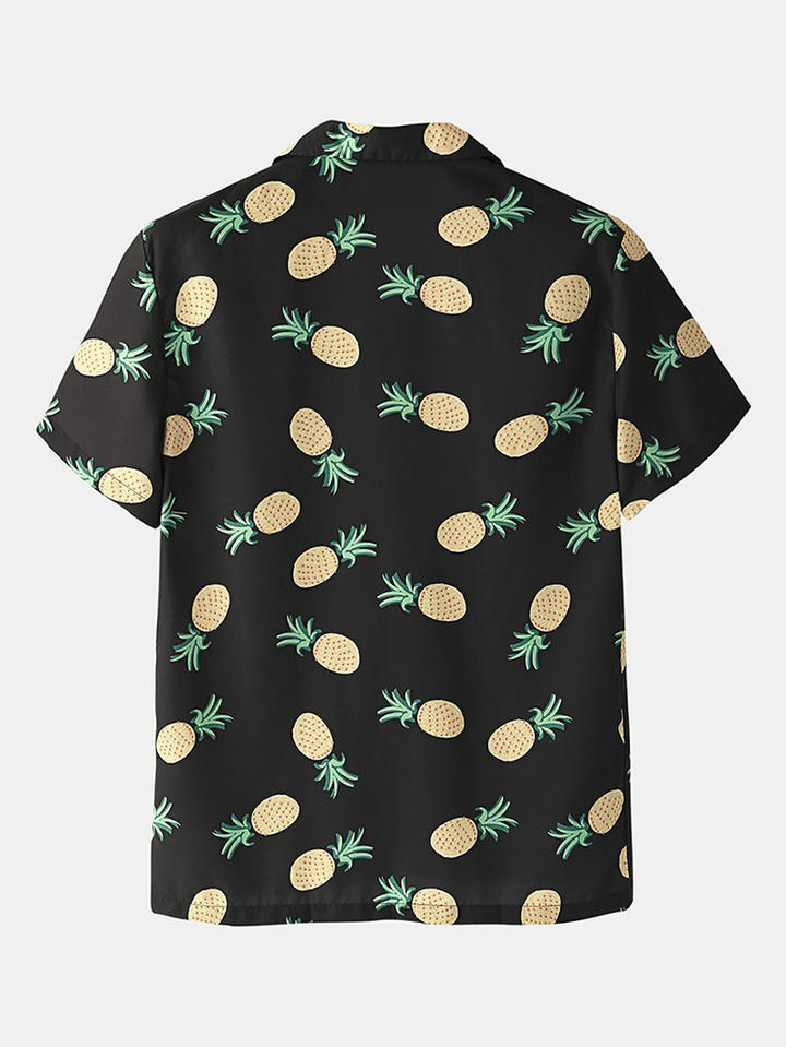 Men Funny Cartoon Pineapple Print Black Pajama Set Summer Home Sleepwear - MRSLM