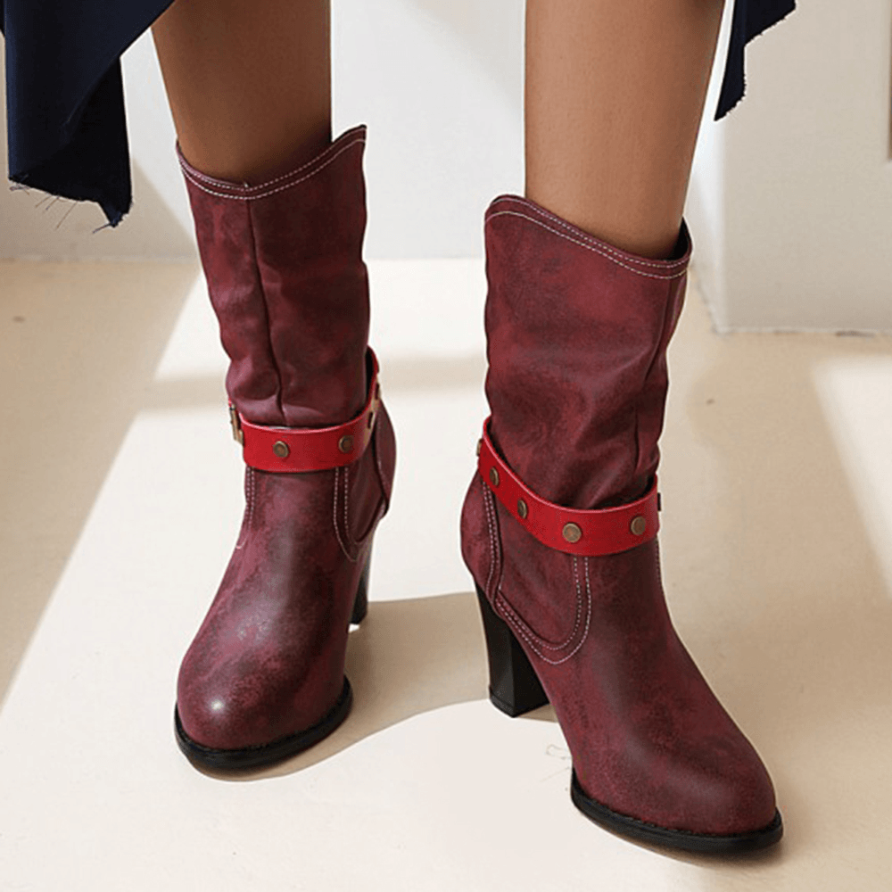 Women Metal Buckle Strap Decor Solid Color Chunky Heel Mid-Calf Motorcycle Boots - MRSLM