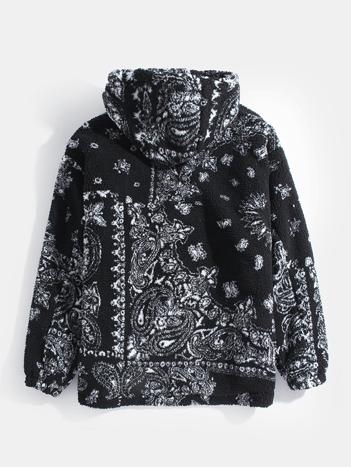 Mens Baroque Print Warm Sherpa Ethnic Style Hooded Jacket with Pocket - MRSLM
