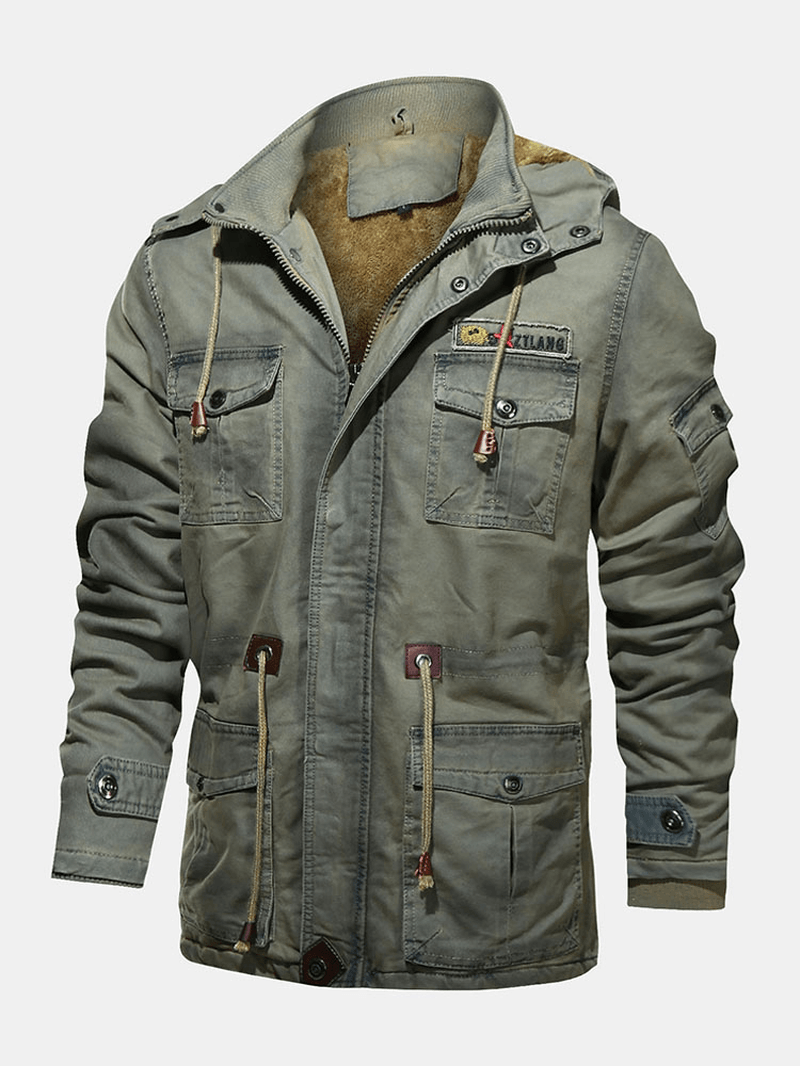 Mens Hooded Multi Pocket Drawstring Waist Thick Warm Vintage Jacket Coats - MRSLM
