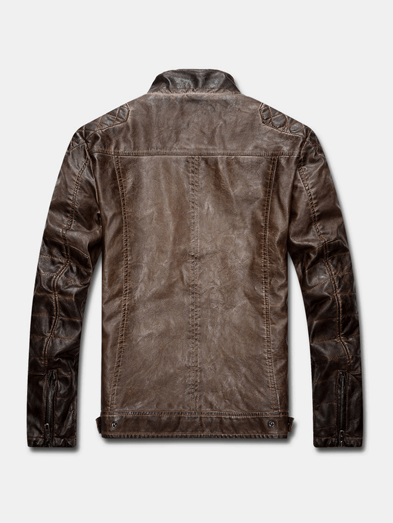 Mens Multi Pocket Zipper Long Sleeve Vintage Washed PU Leather Jacket - MRSLM