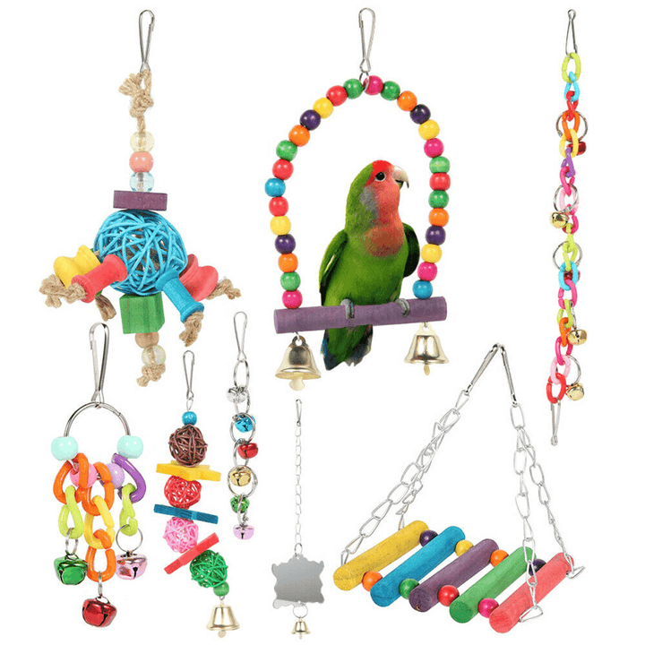8 Pcs Pet Bird Toys Chewing Hanging Bell Parrot Swing Budgie Cockatrice Cage Set - MRSLM