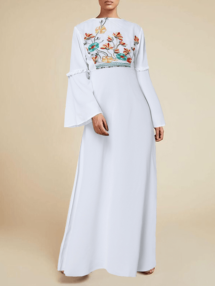 Floral Embroidery Lace Patchwork Flare Sleeve Back Zipper Bohemian Maxi Dress for Women - MRSLM