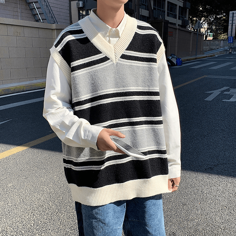 Men'S Korean Loose Striped V-Neck Sweater - MRSLM