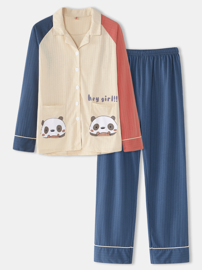 Women plus Size Cute Panda Print Contrast Raglan Sleeve Cotton Lounge Home Pajamas Sets - MRSLM