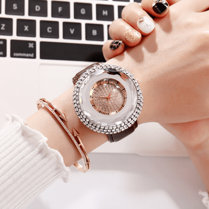 Deffrun Diamonds Elegant Design Ladies Wrist Watch PU Leather Strap Quartz Watches - MRSLM