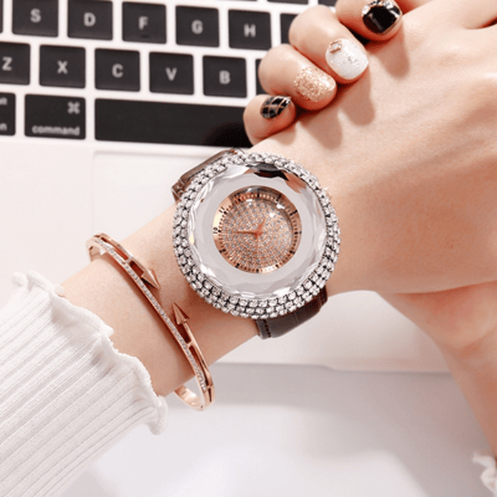 Deffrun Diamonds Elegant Design Ladies Wrist Watch PU Leather Strap Quartz Watches - MRSLM