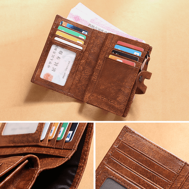 Men Genuine Leather RFID Anti-Theft Multi-Slot Retro Large Capacity Foldable Card Holder Wallet - MRSLM