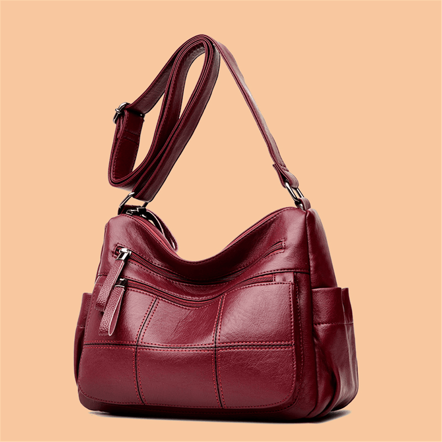 Women Solid Multi-Slot Soft Leather Crossbody Bag Leisure Stitching Messenger Bag - MRSLM