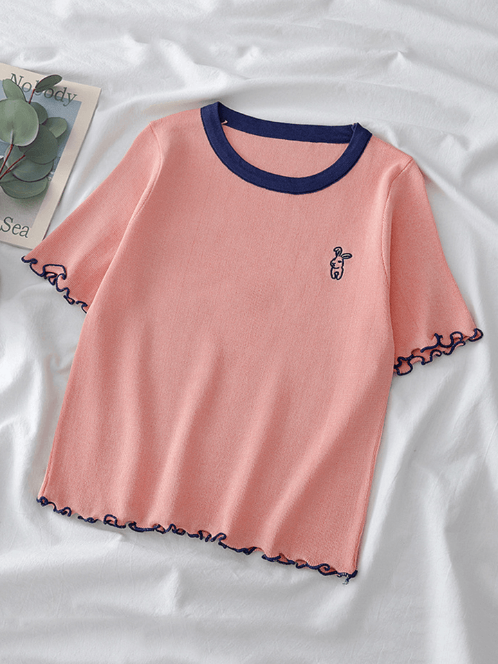 Women Rabbit Embroidery Short Sleeve Simple T-Shirts - MRSLM