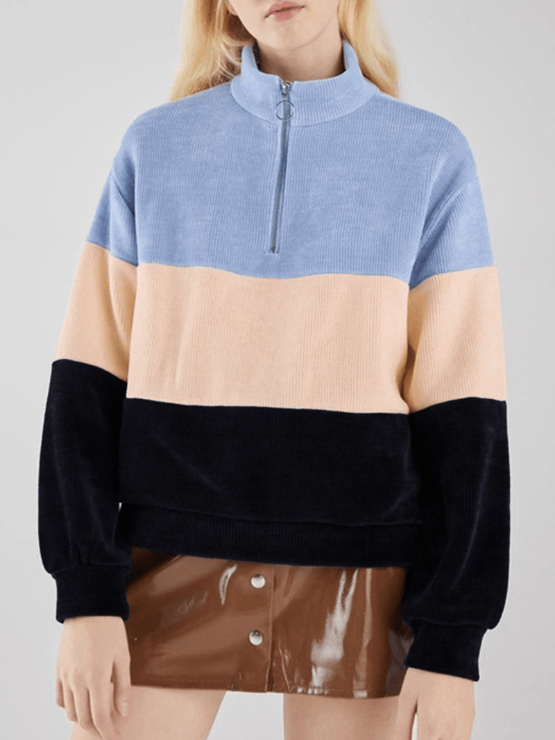 Casual Stand Collar Color Block Corduroy Sweatshirt - MRSLM
