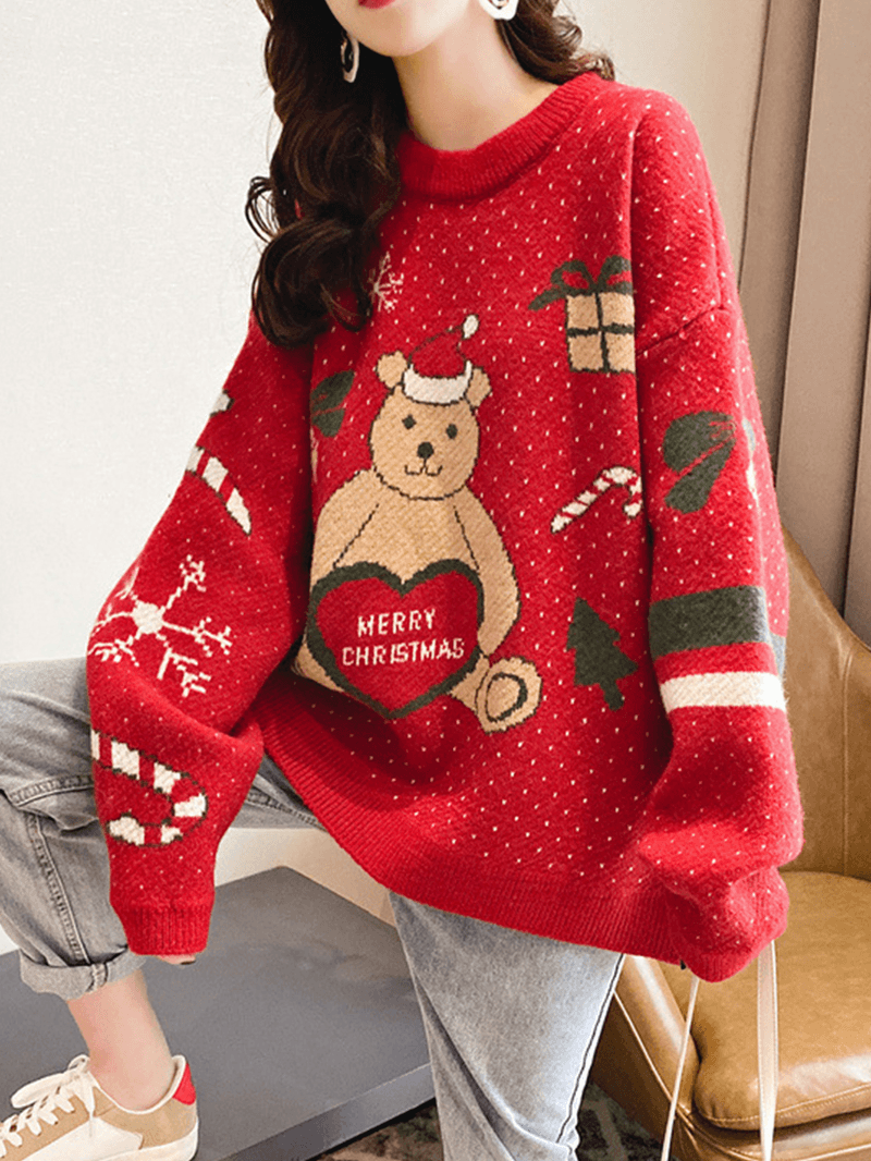 Women Christmas Cute Bear Print round Neck Casual Knitted Sweater - MRSLM