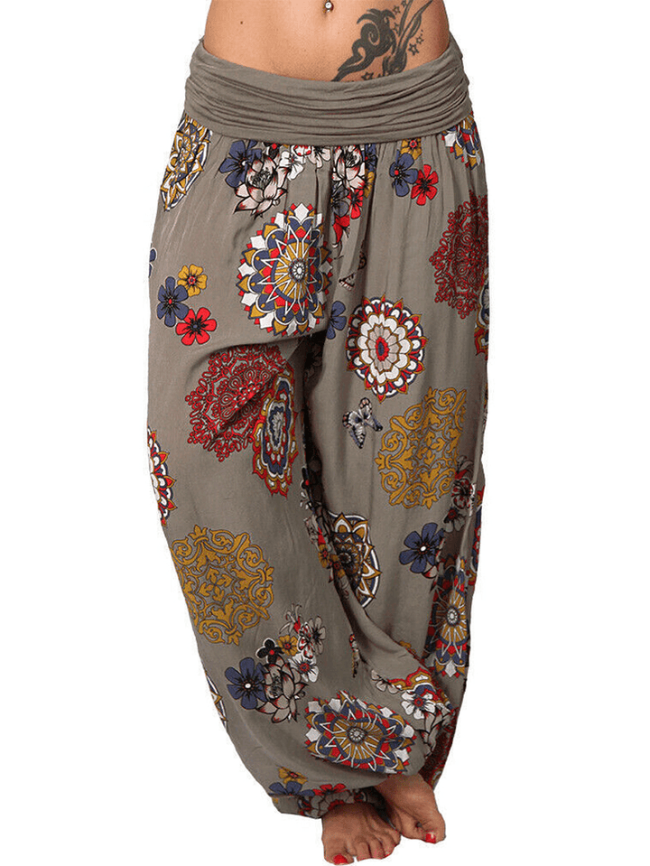 Vintage Floral Print Bloomers High Waist Sports Yoga Loose Pants - MRSLM