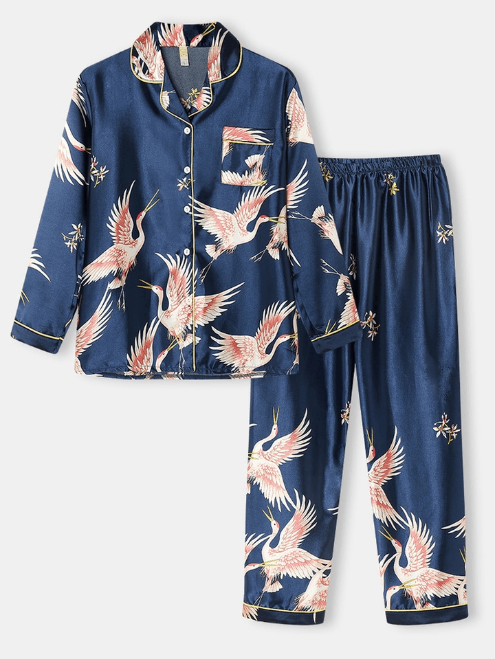 Plus Size Women Crane Pattern Revere Collar Ice Silk Home Casual Pajama Sets - MRSLM