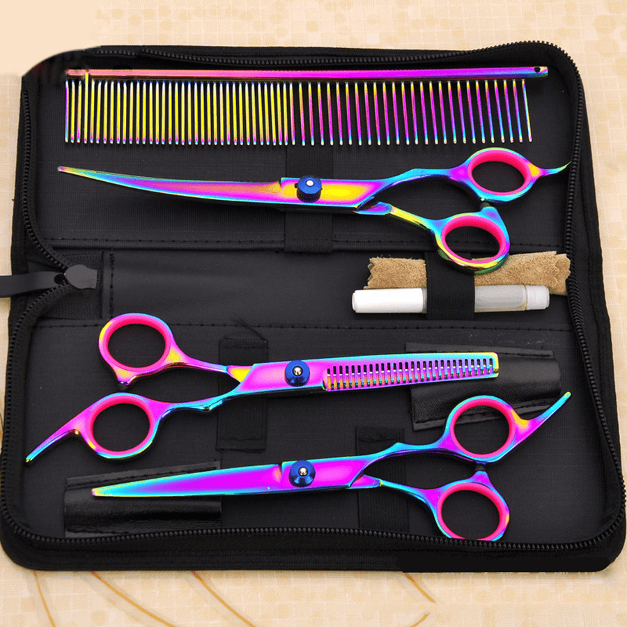 7'' Pet Hair Scissors Tool Grooming Cutting Thinning Curved Shears Comb Kit for Dog Cat Hair Stlyle - MRSLM