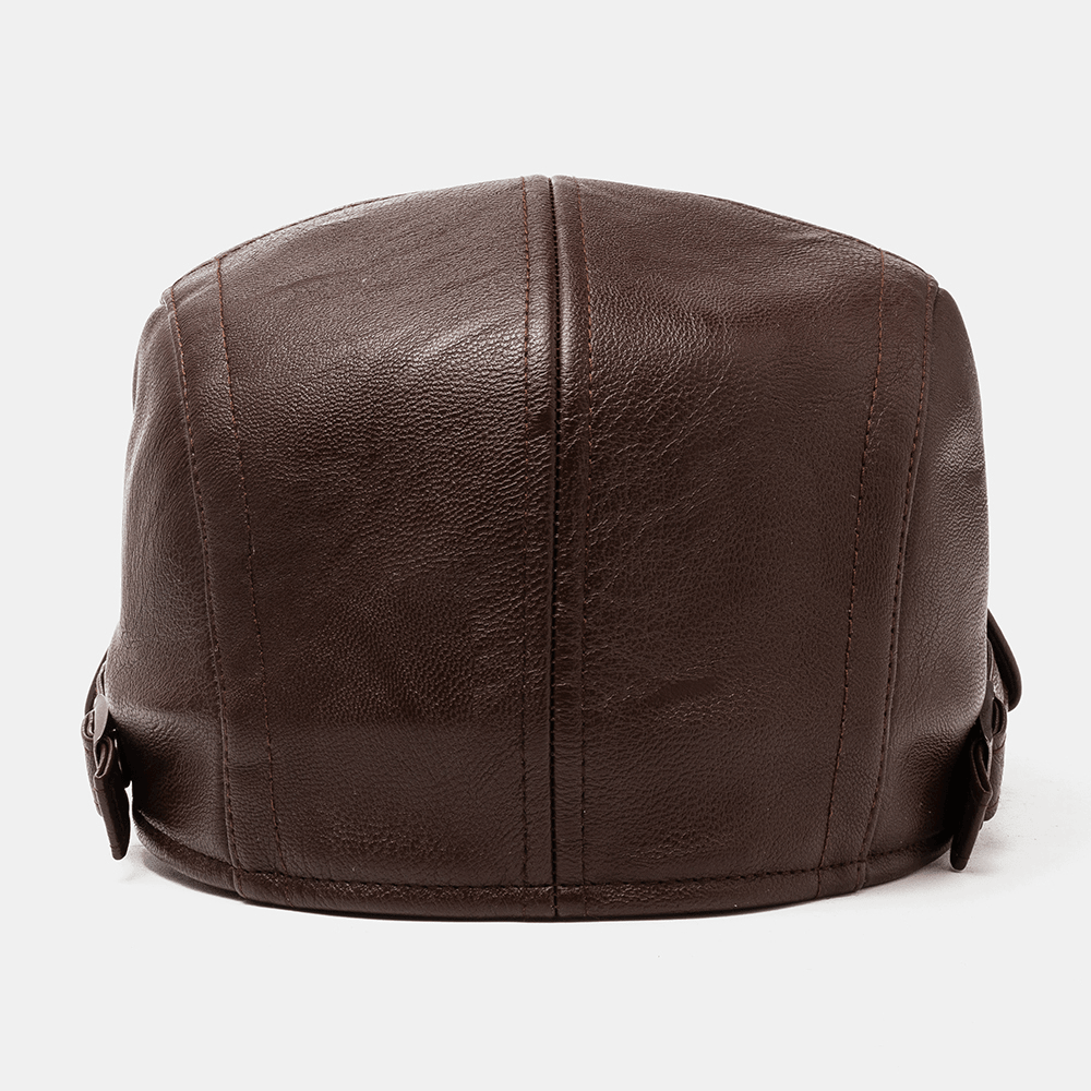 Collrown Men PU Leather Solid Color Casual Vintage Adjustable Forward Hat Beret Hat - MRSLM