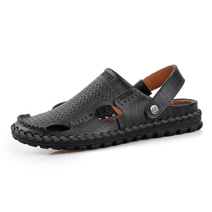 Men Summer Leather Sandal Casual round Toe Outdoor Flat Fashion Soft Beach Slipper - MRSLM