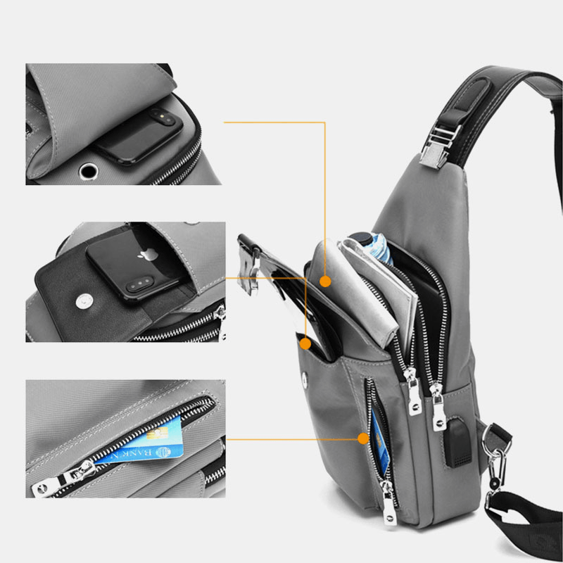 Men Oxford USB Charging Headphone Hole Design Chest Bag Multifunction Multi-Pocket Waterproof Crossbody Shoulder Bag - MRSLM