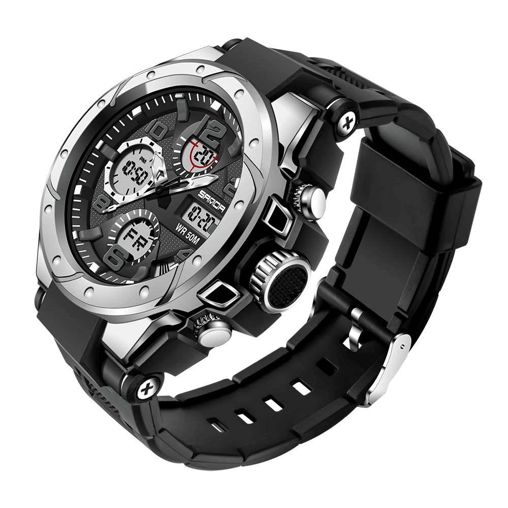 SANDA 6008 Sport Style Alarm Clock Luminous Display Watch Fashion Men Waterproof Dual Display Digital Watch - MRSLM