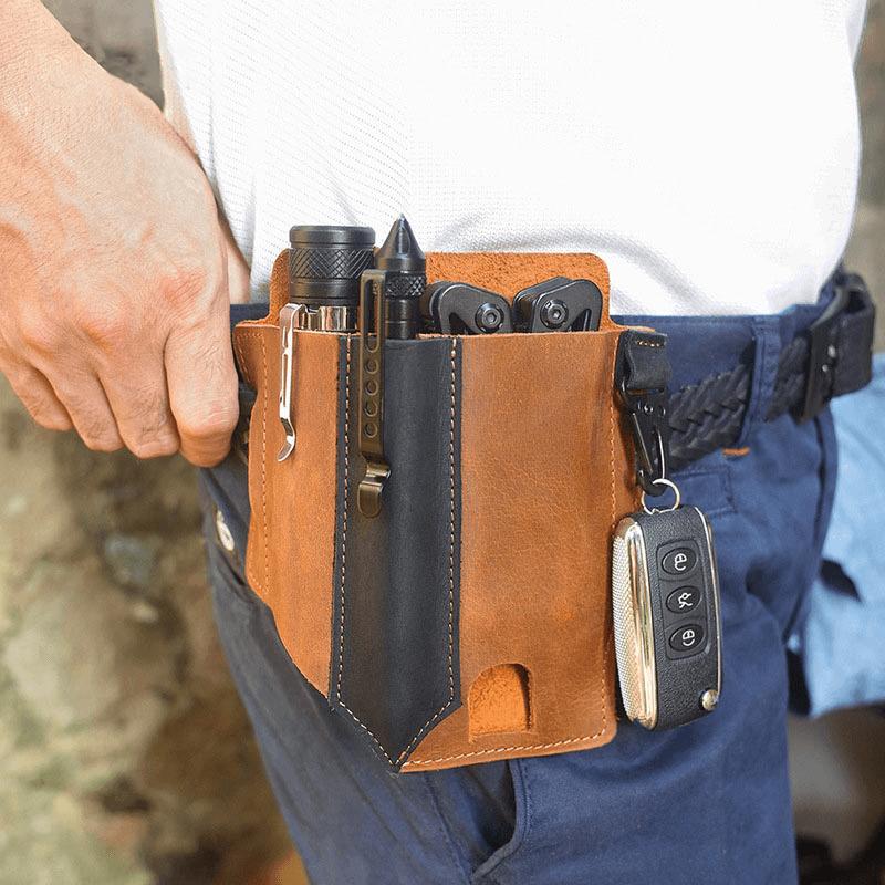 Men EDC Vintage Multifunction Wear-Resistant Genuine Leather Waist Bag Keychain Tactical Bag - MRSLM