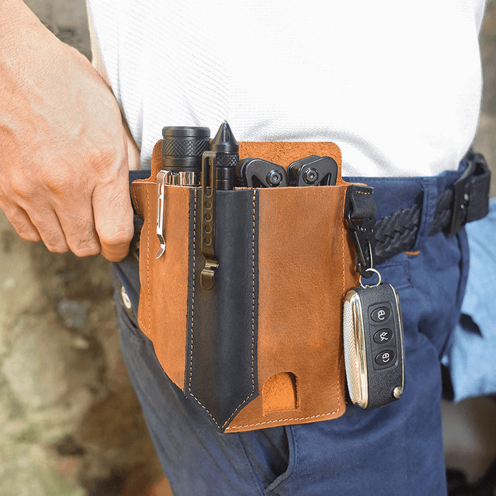 Men EDC Vintage Multifunction Wear-Resistant Genuine Leather Waist Bag Keychain Tactical Bag - MRSLM