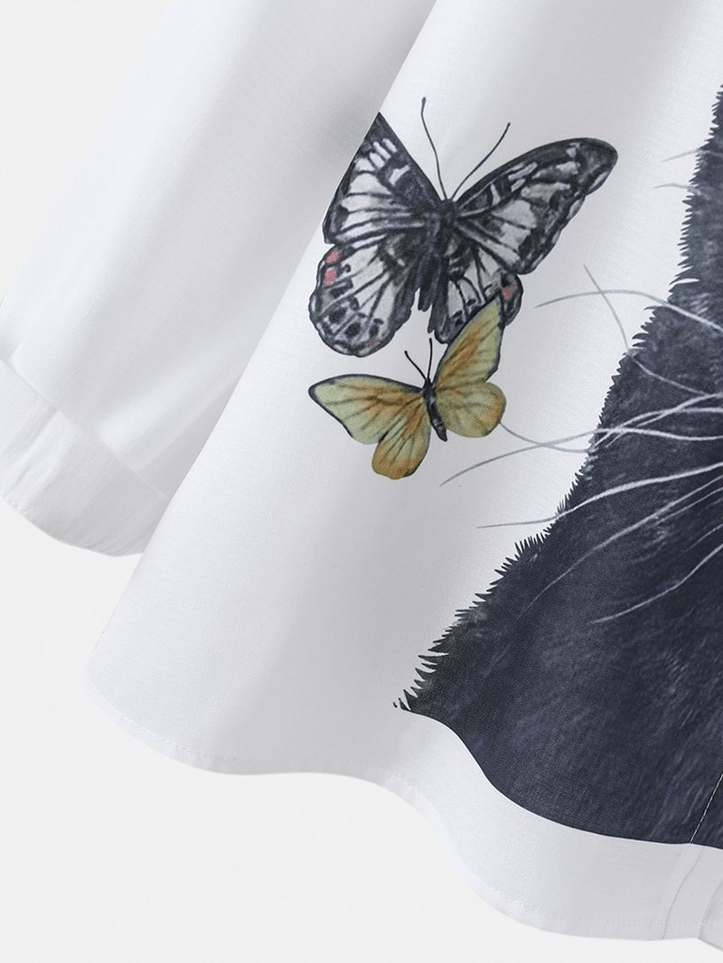 Women Cartoon Cat Butterfly Print Button up Lapel Casual Long Sleeve Shirts - MRSLM