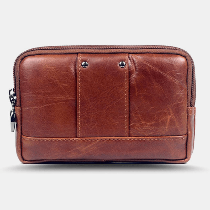Men Double-Layer Genuine Leather Waist Packs Wear-Resistant Large Capacity Phone Bag - MRSLM