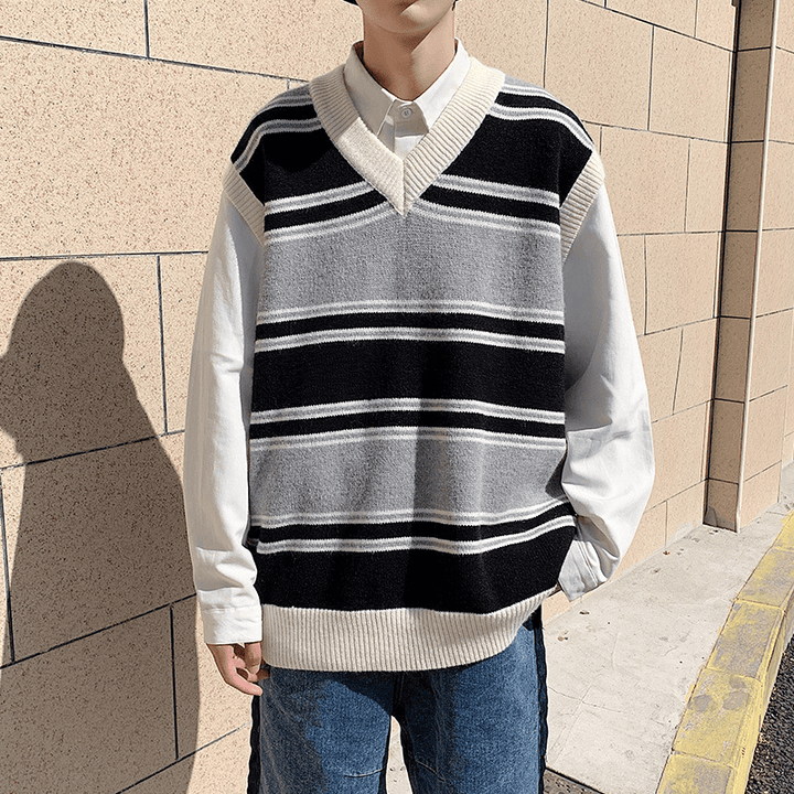 Men'S Korean Loose Striped V-Neck Sweater - MRSLM