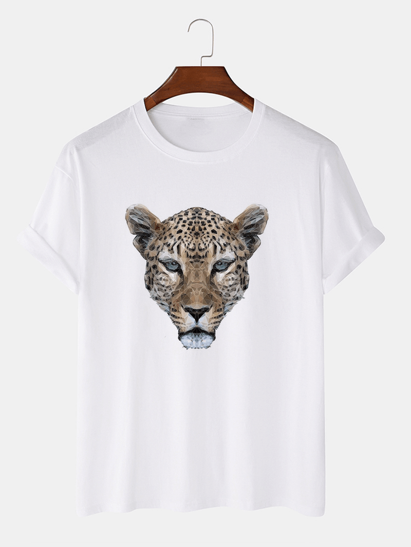 Mens 100% Cotton Leopard Head Print Crew Neck Short Sleeve T-Shirts - MRSLM