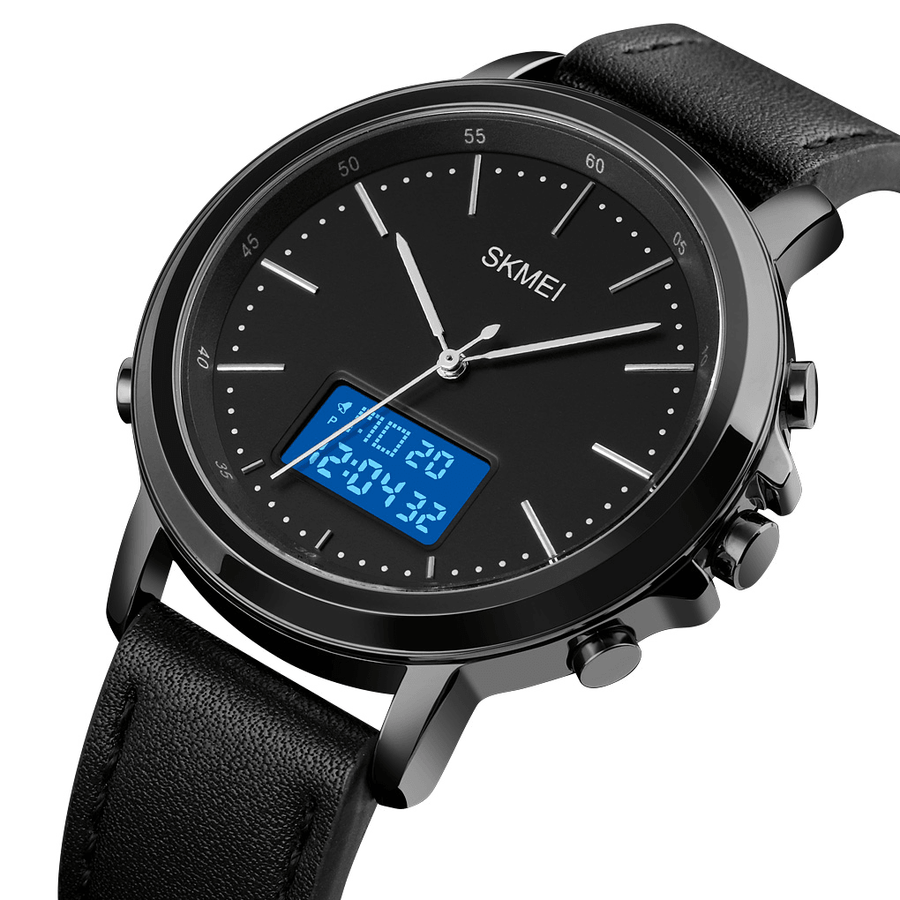 SKMEI 1652 Leather Alarm Stopwatch Sport Watch Luminous Display Men Waterproof Dual Display Digital Watch - MRSLM