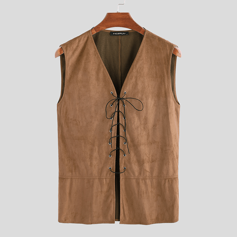Mens Vintage V Neck Drawstring Solid Color Casual Vest - MRSLM