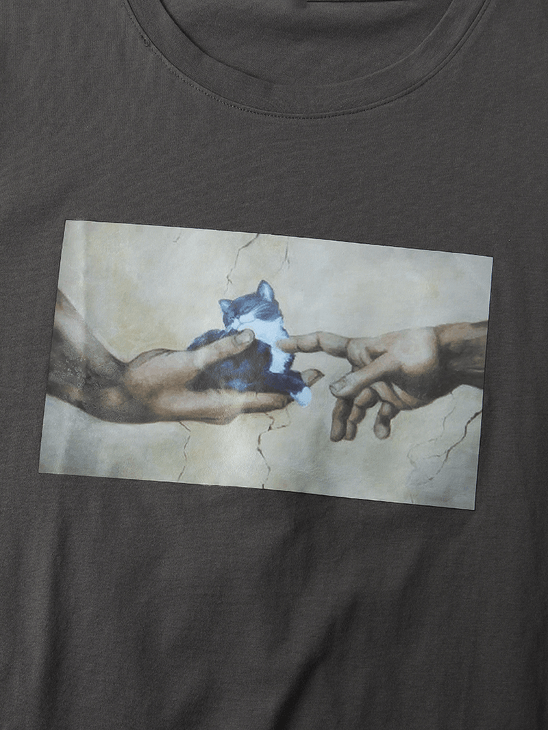 Mens Cat & Gesture Print round Neck Short Sleeve Casual T-Shirts - MRSLM