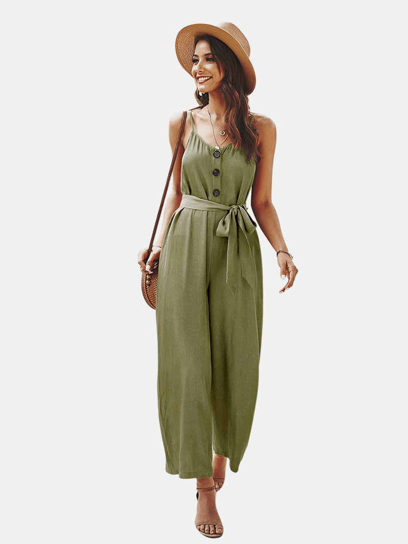 Straps Causal Tie Waist Solid Color Loose Jumpsuit for Women - MRSLM