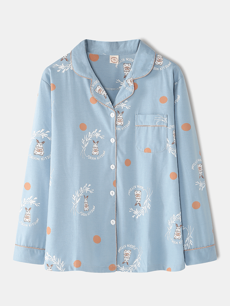 Women Cartoon Rabbit & Polka Dot Print Shirt Elastic Waist Home Pajama Set - MRSLM
